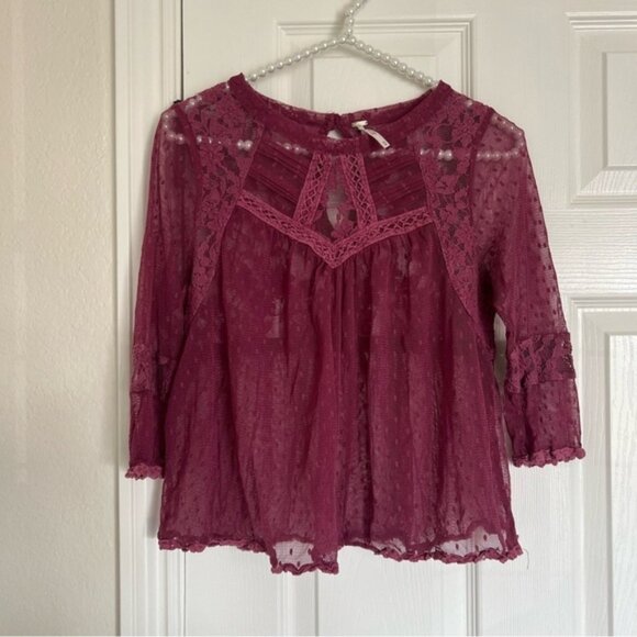 FREE PEOPLE Purple Mesh and Lace Sheer Top - Picture 1 of 4